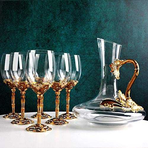 CNAJOI-TDFY Enamel Goblet Wine Glasses -Strong Elegant Heavy Duty 350ML Red Wine Glasses+1500ML Decanter Set for Wine, Cocktail, Champagne etc-A Great Wine Cup for Birthday Anniversary Wedding