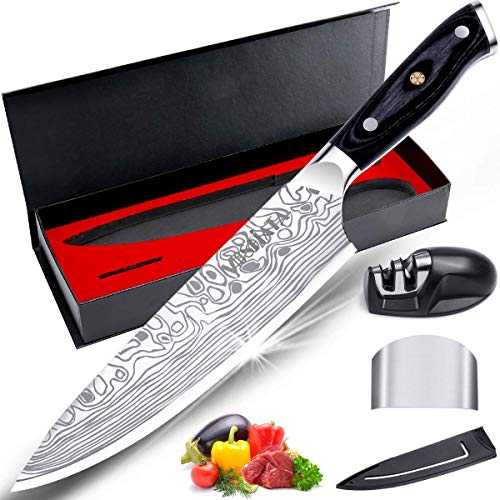 MOSFiATA Chef Knife, Ultra Sharp Kitchen Knife 8 inch, Premier High Carbon German EN1. 4116 Stainless Steel Knife, Full Tang Blade Cook Knife with Finger Guard, Knife Sharpener, Blade Guard, Gift Box