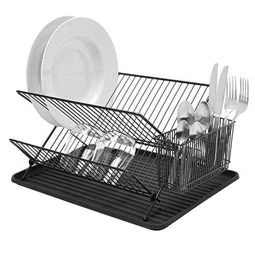 simplywire - Folding Dish Drainer - Plate Drying Rack with Cutlery Holder - Black