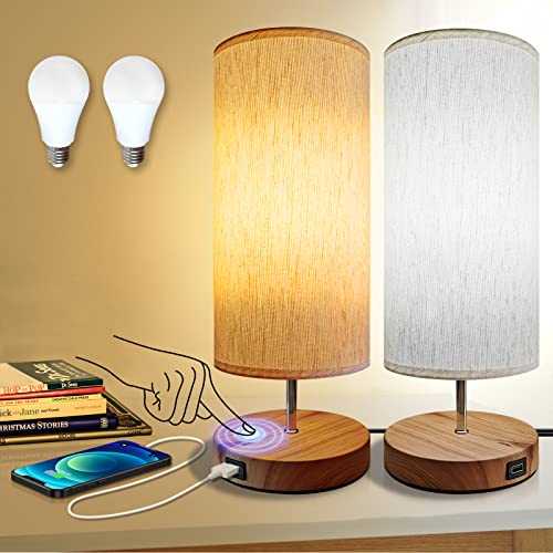 LVEHO Table Lamps Set of 2, Bedside Lamps USB Powered, Touch Desk Lamps with USB Port and Beige Fabric Shade, 3-Color Temperature in 1 Bulb, Reading Lamps Perfect for Bedroom, Living Room Office