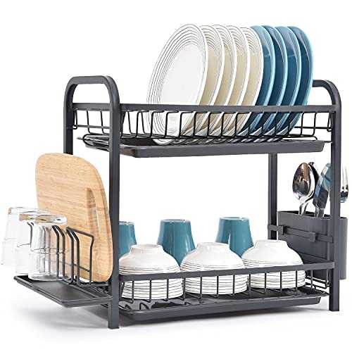 Kingrack Dish Drying Rack,Dish Rack 2 tier,Dish Drainers with Drip Trays,Cutlery Holder,Cup Holder, Cutting Board Holder & Mini Draining Board,Large Dish Drainer Rack for Kitchen Countertop or Sink