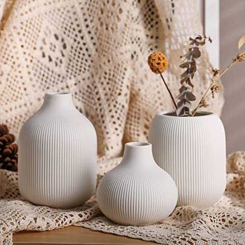 White Ceramic Vase Set of 3,Small Ribbed Vases for Rustic Home Decor,Modern Minimalist Decor,Shelf Decor,Table Decor,Decorative Flower Vases for Bookshelf,Mantel Décor