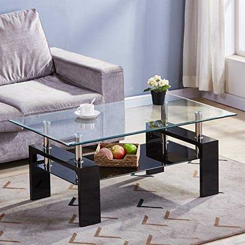 GOLDFAN Rectangle Glass Coffee Tables High Gloss Storage Side Table with Lower Shelf Modern Living Room Furniture/Black