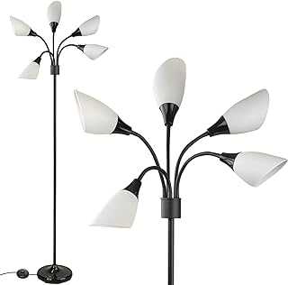 Modern Multi-Head Medusa Floor Lamp - 5 Light Standing Lamp for Bedroom and Living Room with Positionable Acrylic White Shades & 3-Light Mode Switch - Tall Black Floor Lamp (Black)