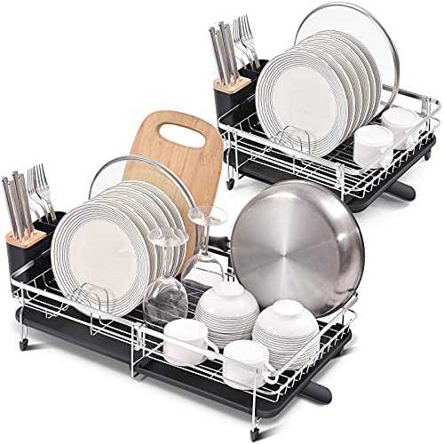 Kingrack Expandable Dish Drainer Rack,Adjustable 304 Stainless Steel Dish Rack,Foldable Dish Drying Rack with Removable Cutlery Holder Swivel Drainage Spout,Anti-Rust Plate Rack for Kitchen 1 Piece