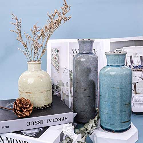 HAYHOI 3Pcs Ceramic Vases for Country Home Décor, Rustic Decorative Modern Farmhouse Flower Vase,Tall Small Boho Vases for Living Room Decor, Shelf,Centerpieces Decoration-Distressed Grey Blue Green