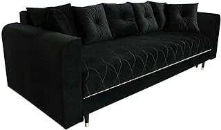 Sofa bed with bedding storage 225x97 cm black (sleeping surface 195x145 cm) - with armrests, 7 cushions, in velour fabric, with gold decorations - 3 seater sofa bed for living room, guest bed