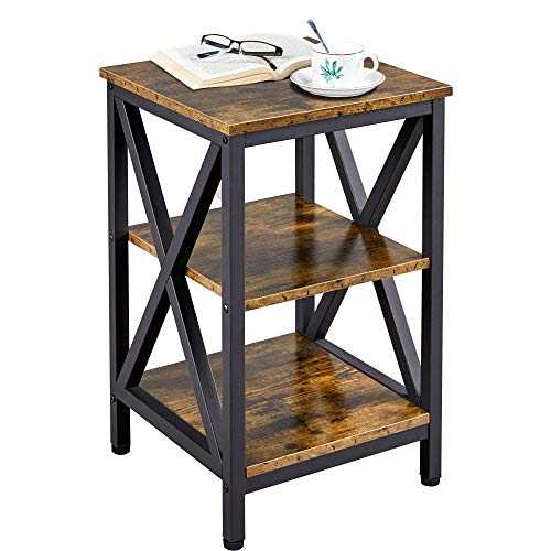 Yaheetech 3-Tiers Industrial Side Table Bedside Table X-Frame End Table Nightstand Storage with Shelf for Living room, Bedroom, 39.5 x 39.5 x 62 cm Rustic Brown