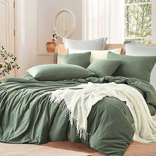 Sacebeleu Luxury Double Duvet Cover Set Green 100% Cotton Plain Breathable Bedding Sets,1 Quilt Comforter Cover Zipper Closure and 2 Pillowcases 50x75cm,Dark Green
