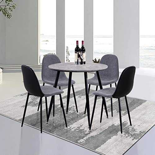GOLDFAN Round Dining Table and Chairs Set 4 Vintage Wooden Kitchen Table and 4 Upholstered Chairs with Metal Legs,Grey