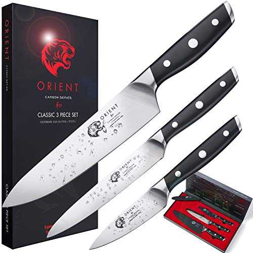 [New] 3 Piece Knife Set, 3pc Kitchen Knives Set, Chef Utility and Paring Knives, German Stainless Steel, Cooking Knives, Bonus Cover x 3, Gift Box