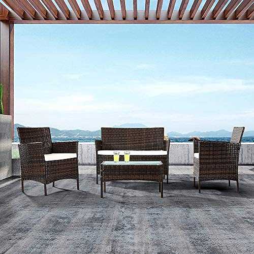 EBS My Furniture 4 Piece Rattan Garden Patio Outdoor Indoor Wicker Set White Cream Loveseat Sofa, 2 Chairs, Conservatory Glass Top Coffee Table - Brown