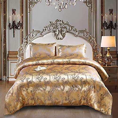 STYHO Duvet Cover Set King Size European Luxury Satin Floral Jacquard Silky Quilt Cover and Silky Pillow Cases Bedding Sets(King,Gold)