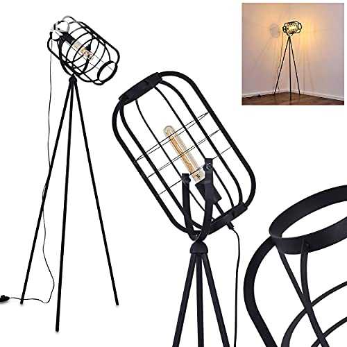 Floor lamp Flambeau in Black Metal, Retro-Industrial floodlight lamp Fitting in a Vintage Living Room, with on/Off Switch on The Cable, for 1 x E27 max. 60 Watt Light Bulb, Suitable LED Bulbs