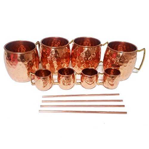 Set of 4 Moscow Mule Mug/Shot Glass/Straw Complete Set 100% Copper