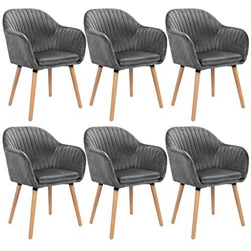 WOLTU Grey Kitchen Dining Chairs Set of 6 PCS Upholstered Counter Lounge Living Room Corner Chairs with Arms & Backrest Solid Nature Wood Legs Reception Chairs Velvet Tub Chairs Armchairs