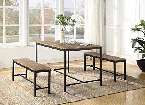 Home Treats Dining Table Set with Two Benches, 3 Piece Breakfast Table and Bench. Wooden Finish Black Metal Frame