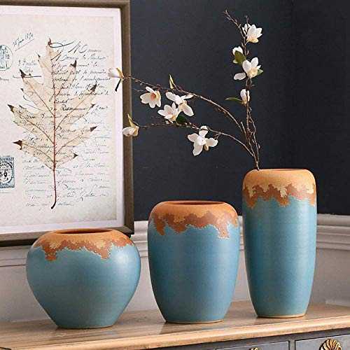 Handmade Three-piece Home Decoration Decorative Flower Pots, European And American Handmade Ceramic Vases, Jingdezhen Countertops Inserted Dried Flower Pots, Flower Pots, Blue Retr
