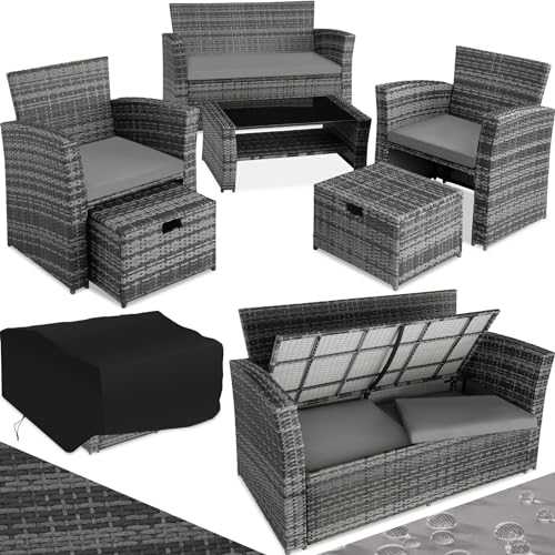 TecTake 800719 Rattan Seating Set 6 PCs, Sofa Seats Stools Table with Glass Top, UV-Resistant, Steel Frame, incl. Cushions, ideal Garden Patio Outdoor (Grey | No. 403279)