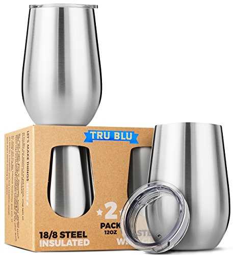 Stainless Steel Wine Glasses, Vacuum Insulated with Lids (Set of 2) - Double Wall Stemless Metal Wine Glass for Outdoor Travel, Camping, Red White Wine, 350 ml, Unbreakable, Portable, BPA Free