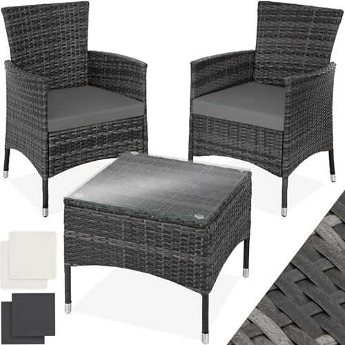 TecTake Poly Rattan Garden Set | 2 Chairs and Small Table with Glass top | Robust Steel Frame (Grey | No. 402864)