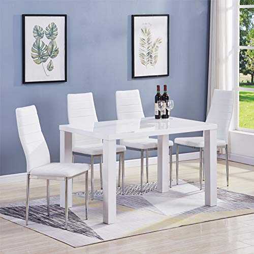 GOLDFAN White High Gloss Dining Table and Chairs Set 4 Modern Rectangular Kitchen Table and Faux Leather Chairs for Dining Room Office Lounge