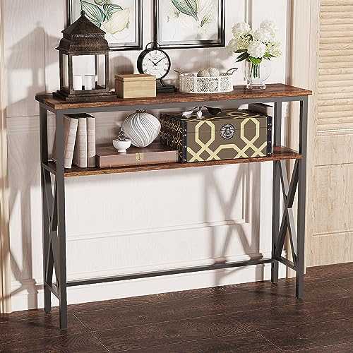 YMYNY Console Table, Industrial Entryway Table for Hallway, Narrow Sofa Table with Shelves, Metal Frame, Compact Display Table for Small Spaces, Living Room, 101×25×80.5CM Rustic Brown HST007H