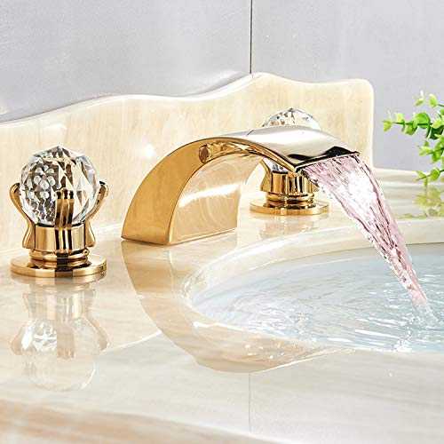 NeierThodore LED Widespread Bathroom Faucet Waterfall Gold Polished Lavatory Faucets Basin Mixer Tap 2 Crystal Knobs 3 Holes