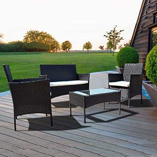 bigzzia 4 PCS Garden Furniture set Rattan Outdoor Table Chair Sofa With Tempered Glass Table