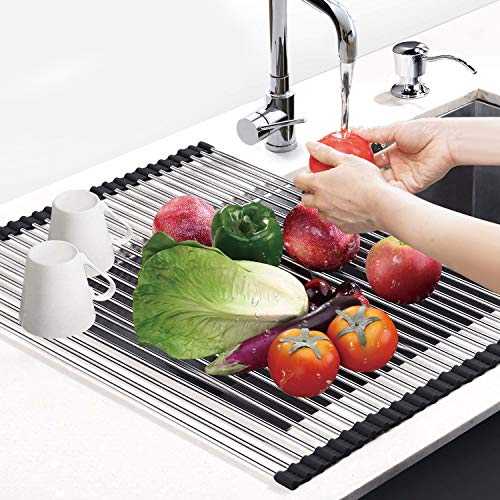Over Sink Dish Rack Roll Up Dish Drainer, Stainless Steel Sink Dish Rack or Kitchen Sink Counter 17.3×15 Inches, Black