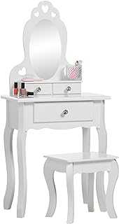 Runesol Girls Dressing Table (Age 3-7yrs) With Mirror and Stool, Children White Wooden, Kids Vanity Table with Crystal Knobs, Childs Dresser, Christmas Girl Gift, Kid Dressing Table Set