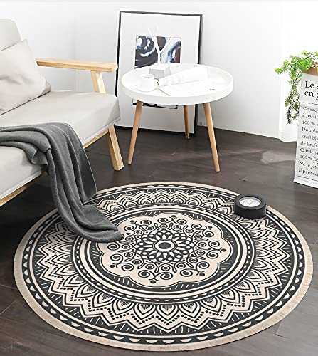 Yomshi 4ft Circle Rug Round Area Rug Cotton Woven Rug with Tassels Washable Mandala Black White Printed for Bedroom Livingroom Kitchen