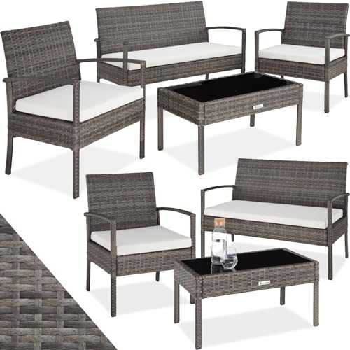 TecTake 403398 Poly Rattan Garden Furniture, Wicker Set with Glass Table,Terrace Lounge Outdoor, incl. Cushions, Grey