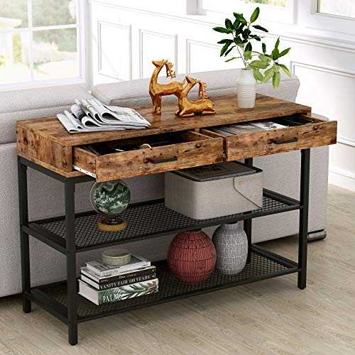 Tribesigns Narrow Console Table, 2 Drawers Side Table Entrance Table for Home Office, Industrial Wooden and Metal End Table with 2 Tier Mesh Storage Shelf for Hallway, Living Room, Entryway