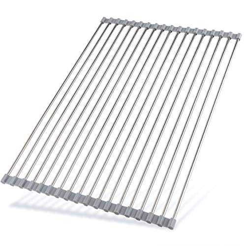 Hhyn Roll Up Dish Drying Rack 20.5"(L) x 13.8"(W) - Stainless Steel and Silicone Dish Drying Mat Over The Sink Foldable Drain Rack Multipurpose Dish Drainer Extra Large, Gray