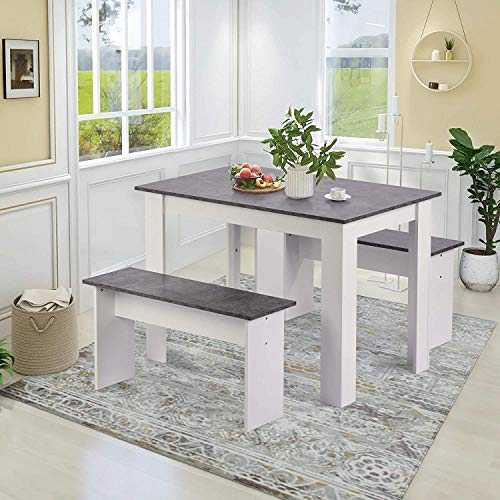 jeerbly Dining Table with 2 benches Dining Table Set for Kitchen, Dining Room, Small Space Artificial Marble (Grey and White)