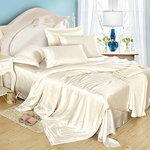 LilySilk 6Pcs Silk Bedding Sheets 19 Momme Duvet Cover with Fitted Sheet Pillowcases Set for Double Bed 100% Mulberry Silk (Double, Ivory)