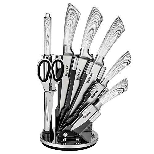 Velaze 8pcs Stainless Steel Kitchen Knife Sets with Sharpener and Spinning Block - Grey Color Coated Hollow Handle