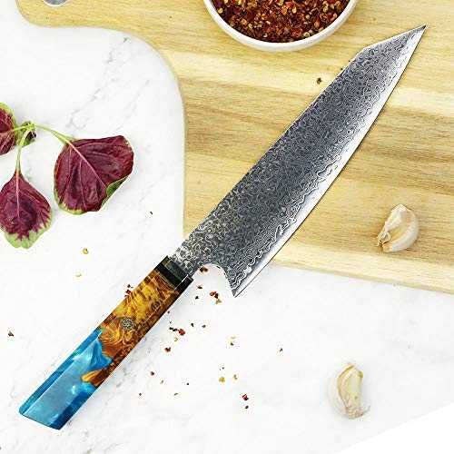 Damascus 67 Ocean Sapphire Resin Professional 8 Inch Chef Kitchen Knife 67 Layers of Damascus Steel & Sheath Included