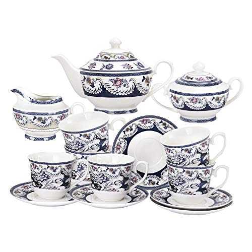 fanquare 15 Pieces Blue Vintage China Tea Set, Flora Porcelain Coffee Set, Tea Party Set for Adults