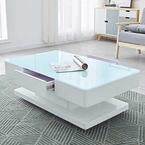 OFCASA 2 Drawers Coffee Table with White Tempered Glass Top High Gloss Coffee Table with Storage for Living Room Home Office