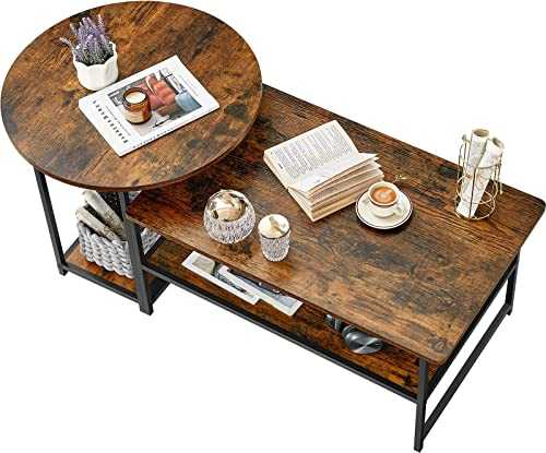 WOHOMO Coffee Table, 2 in 1 Unique Detachable Nesting Coffee Table Set of 2, Small Round and Rectangular Living Room Table Set, Industrial Modern Style Coffee Tables for Living Room, Rustic Brown