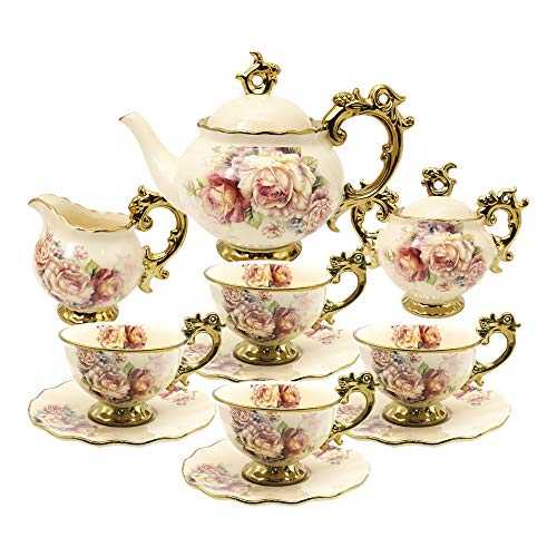 fanquare 15 Pieces British Porcelain Tea Sets, Vintage Flowers China Coffee Set, Wedding Tea Service for Adults