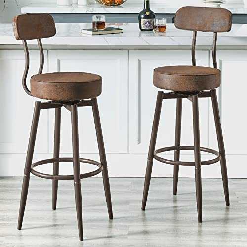 XINZHUO Bar Stools with Back Set of 2, Swivel Kitchen Counter Stools, Industrial Round Barstool Chocolate Brown Bar Chairs, 24 or 29 Inch
