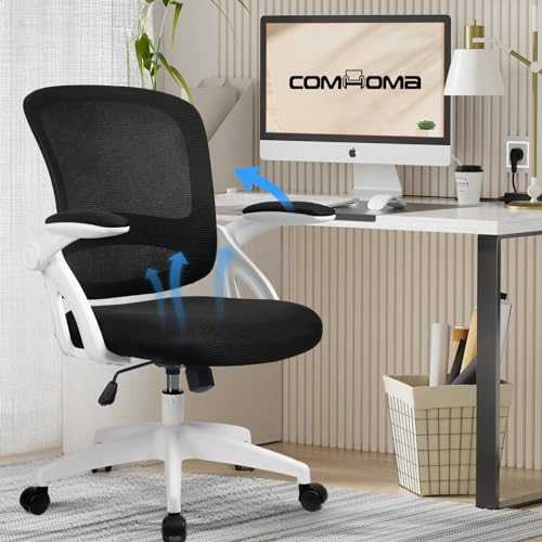 COMHOMA Desk Chair Office Chair 90° Flip-up Armrest Ergonomic Computer Chair Lumbar Support Height Adjustable 360° Swivel Rocking Function Mesh Back Seat For Home Office - White
