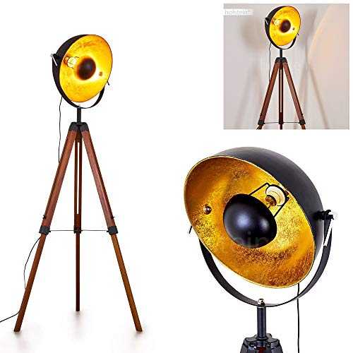 Floor lamp Jupiter in Wood and Black & Gold Metal, Retro-Industrial Light Projector with Switch on The Cable, Fitting in a Vintage Living Room, for 1 x E27 Bulb max. 60 Watt, LED Bulb Compatible