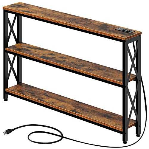 Rolanstar Sofa Table with Charging Station, 3 Tier Narrow Console Table with Storage Shelf and Power Outlet, 47” Entryway Table Metal Frame Behind Sofa Couch Hallway Entrance for Living Room