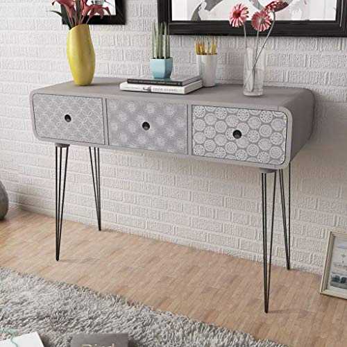 Festnight Grey Retro Console Table Side Table Cabinet Entryway Table Hallway Table with 3 Drawers & Steel Pin Legs for Entryway, Living Room Bedroom