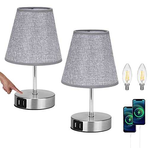 Lightess 2 Pack Bedside Table Lamp Touch Dimmable 3-Way Brightness Nightstand Lamp 2 USB Bedroom Table Lamp for Living Room Office Hotel Restaurant Inc. 2 Warm White E14 Bulbs- T Shape Grey Lamp