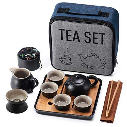Travel Kung Fu Tea Pot Cup Set with Tray - Portable Chinese Ceramic Porcelain Teapot Gift Bag All in One for Business Hotel Infuser Outdoor Picnic